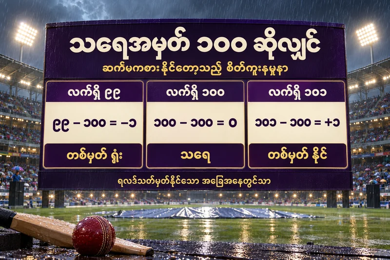 သရေအမှတ် ၁၀၀ အတွက် လက်ရှိ ၉၉၊ ၁၀၀၊ ၁၀၁ ကို နှိုင်းယှဉ်ပြီး တစ်မှတ်ရှုံး၊ သရေ၊ တစ်မှတ်နိုင် ဟု ပြထားသောပုံ