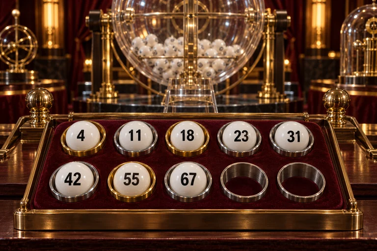 Numbered lottery balls occupy eight of ten display positions; two positions remain visibly empty.