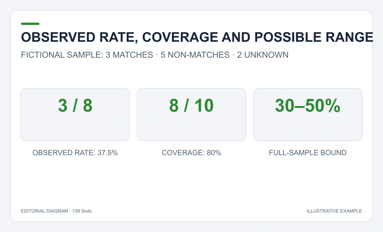 Three boxes distinguish observed match rate three of eight, coverage eight of ten and a thirty-to-fifty-percent bound for the complete sample.