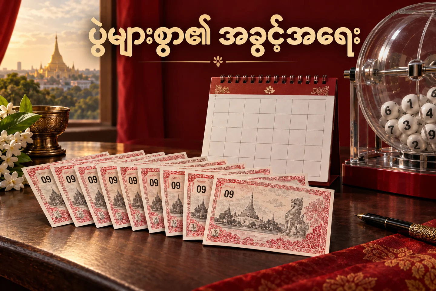 ပွဲများစွာအတွက် ထီလက်မှတ်နှင့် ပြက္ခဒိန်ကို အခွင့်အရေးတွက်ရန် ပြထားသောပုံ